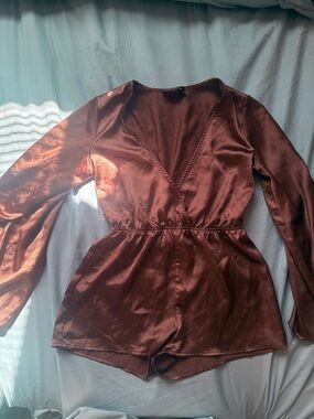 Macy's Copper Satin Long-Sleeve V-Neck Romper Chemise